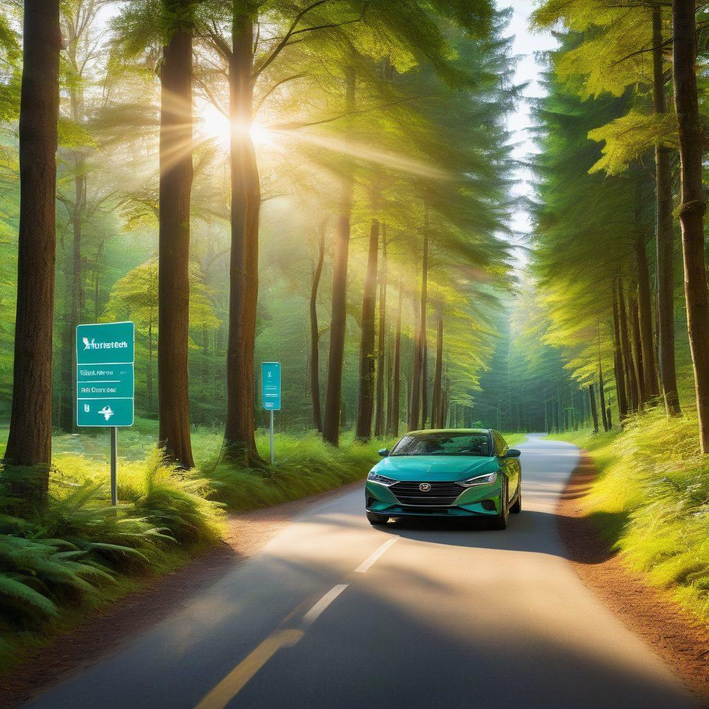 A tranquil road winding through a lush green forest, with a car safely parked on the side. Clear directional signs displaying 'Safety First' and 'Risk Management Ahead' along the pathway. Soft sunlight filtering through the trees, illuminating the scene and creating a sense of calm. An infographic overlay of essential auto coverage tips in the foreground, designed with engaging icons and graphics. vibrant colors. super-realistic.
