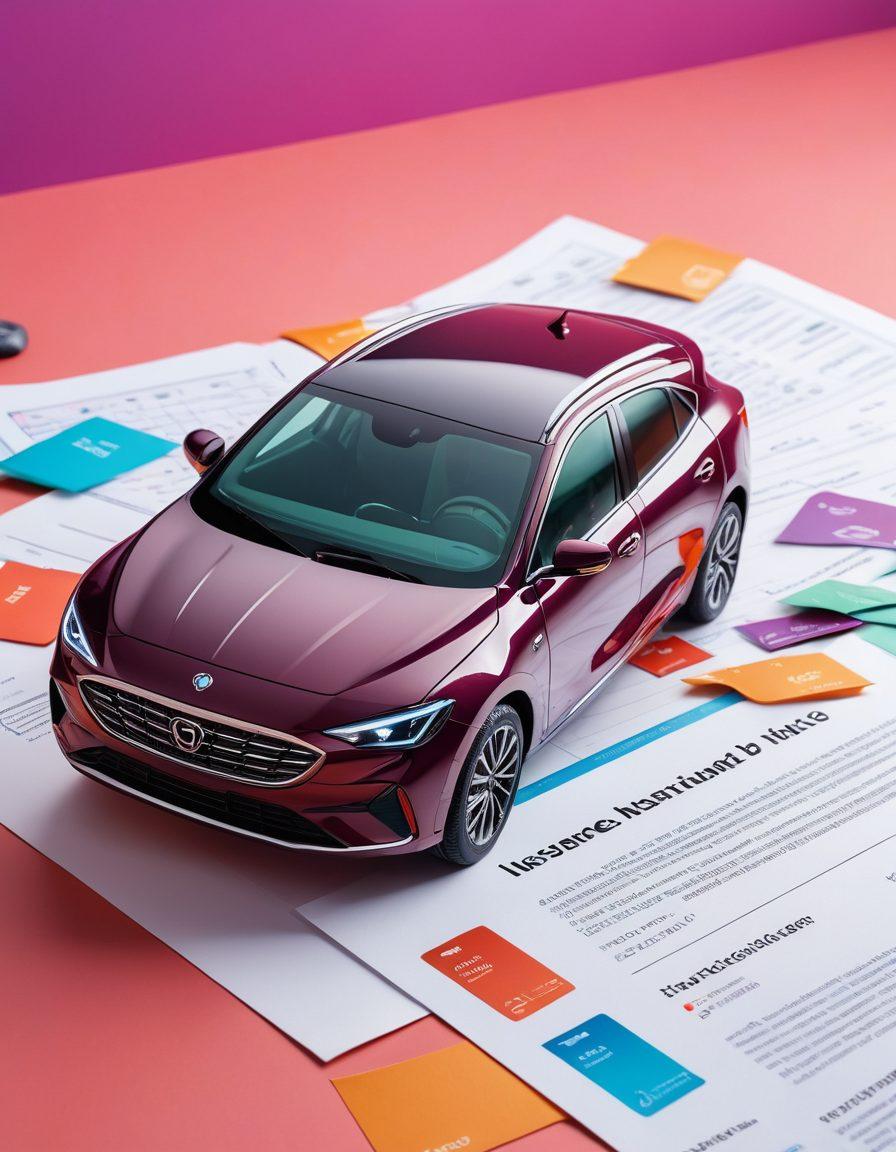 A modern car surrounded by various insurance documents and digital security symbols, symbolizing protection and smart choices. Include elements like a shield, a checklist, and a smartphone app displaying insurance options for vehicles. The scene should be bright and engaging, representing safety and reliability. vibrant colors. super-realistic.