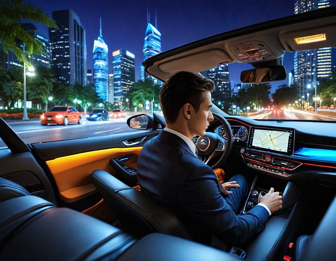 A visually engaging scene featuring a confident driver reviewing auto insurance documents inside a sleek car, with a sunny road ahead symbolizing a secure journey. Surrounding elements include icons of protection like shields and keys, along with financial symbols like dollar signs and graphs. The background shows a cityscape blending into nature, representing harmony and security. super-realistic. vibrant colors. 3D.